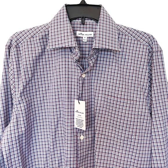 PETER MILLAR Crown Ease Check Stretch Button-up Shirt Blue Medium NWT - Picture 4 of 4